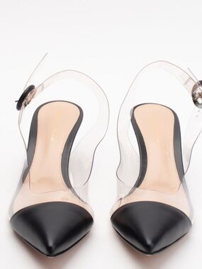 Gianvito Rossi Black Leather and Clear PVC Pointed Slingback Pumps 38
